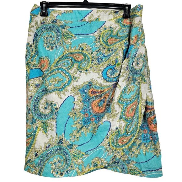 Sunny Leigh Women's 100% Linen Vibrant Paisley Pattern Below Knee Skirt Size 14 - Picture 1 of 11